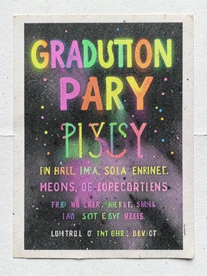 Graduation party invitation in riso print, fluorescent ink, festive
