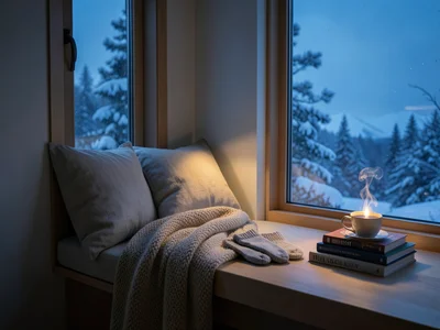 A reading nook in deep winter — a built-in window seat with linen cushions and a
