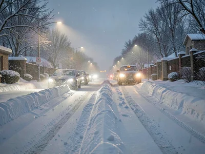 Evening commute in first snow, headlights catching flakes, the changed drive hom