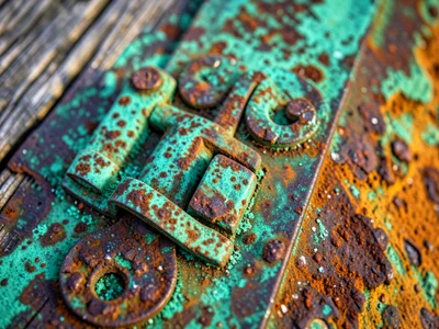 Weathered copper boat hardware with verdigris, ocean spray patina, dock wood