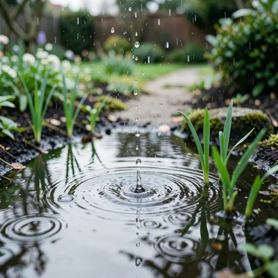 Raindrops hitting puddle in garden, ripple patterns, green shoots emerging besid
