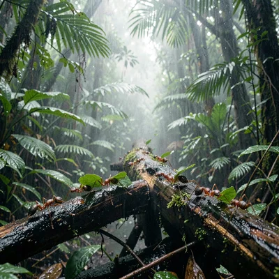 Tropical rainforest photograph, humid jungle atmosphere, Leaf-cutter ants marchi