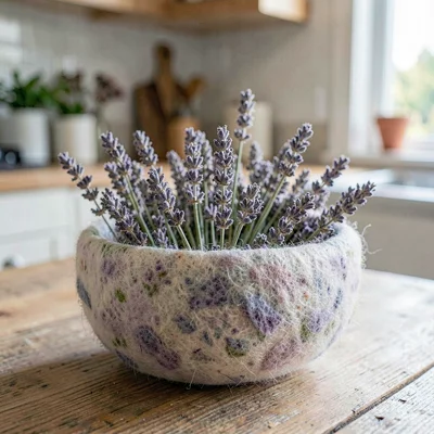 Felted bowl filled with dried lavender on a kitchen table