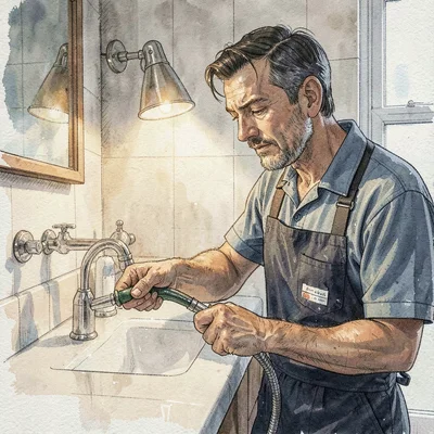 Portrait of a plumber tightening a faucet handle on a new vanity, calm overcast 