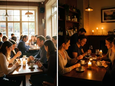 Cafe interior, left half morning coffee rush sunlight, right half candlelit dinn