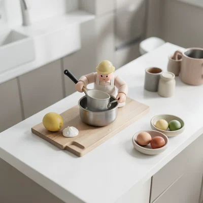 Kitchen during dinner prep from above, tilt-shift, toy-like cook and ingredients