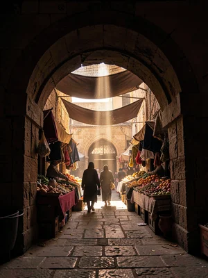Stone archway framing bright courtyard beyond, market goods silhouetted in deep 