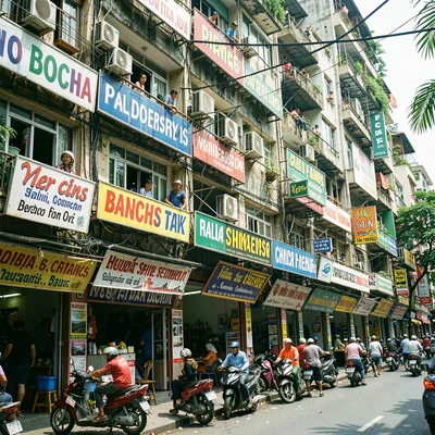 Documentary photograph of megacity life, dense urban scene, A building facade co