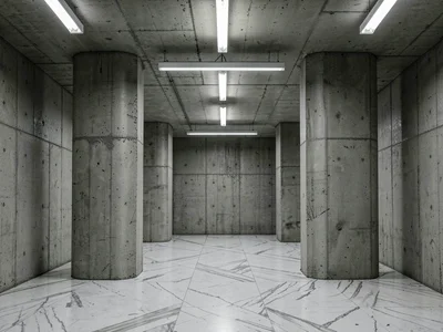 A government ministry interior — monumental concrete columns flanking an empty m