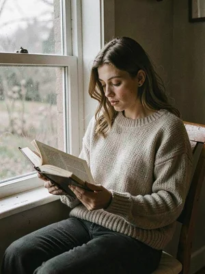 Woman reading a leather-bound book in a window seat, her sweater the color of we