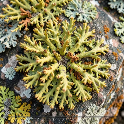 Reindeer lichen extreme macro, branching tips of Cladonia rangiferina, three-dim