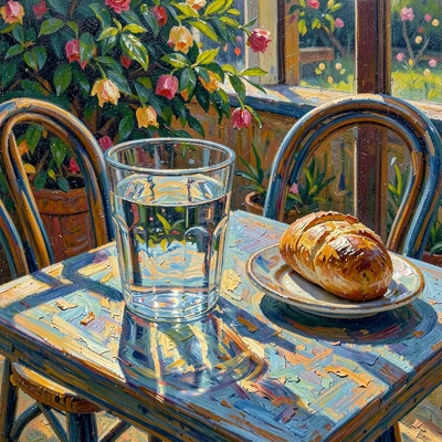 Outdoor café table with a half-finished glass of water and a bread roll, dappled