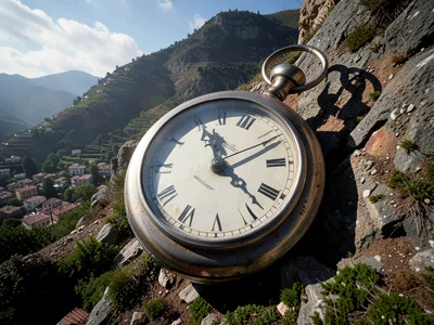 Massive pocket watch embedded in hillside, clock hands casting shadows on town