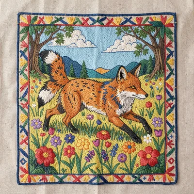 Otomi Tenango embroidery illustration, a fox running through embroidered meadow 