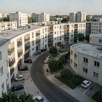 Planned city photography, modernist urbanism, Identical housing blocks arranged 