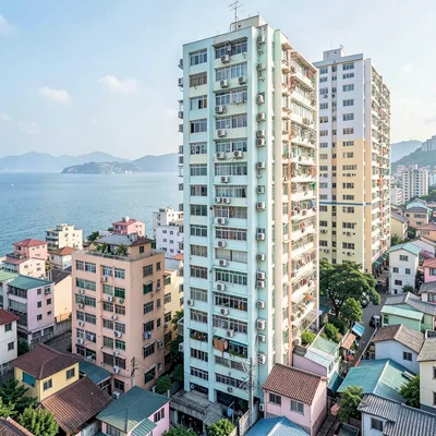 Busan vertical density, hillside village stacking, window air conditioning units