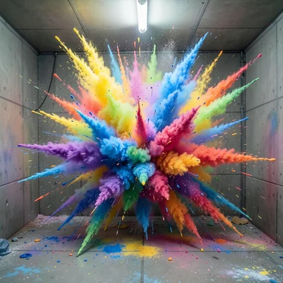 Powder paint explosion in sealed room, multiple colors frozen mid-burst, high sp