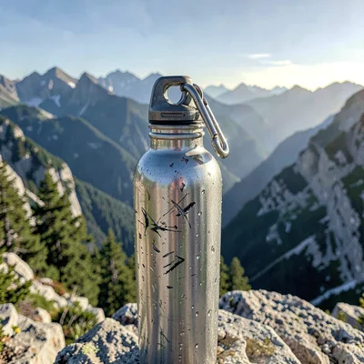 Crystal clear high-altitude light, sharp mountain air quality, A metal water bot