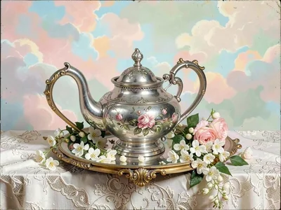 Silver tea service with floral engraving, loose jasmine flowers scattered across