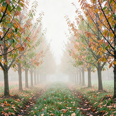 Pale wash of a small orchard in autumn, soft fog hanging between rows