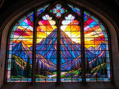 Mountain sunset stained glass