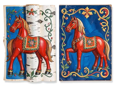 Dala horse in unpainted birch wood beside finished painted version — comparison