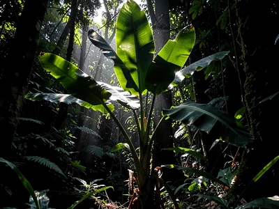 Heliconia leaves catching gap light against dark forest