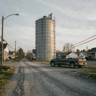 Quiet small town photography, contemplative scene, A grain silo at the edge of a