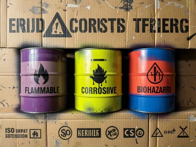 Three oil drums side by side — one marked FLAMMABLE with a flame pictogram, one 