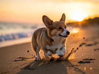 Corgi running on a beach, ears back, sand flying, sunset behind
