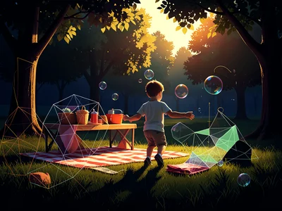 Child chasing bubbles near picnic setup in park, golden afternoon light