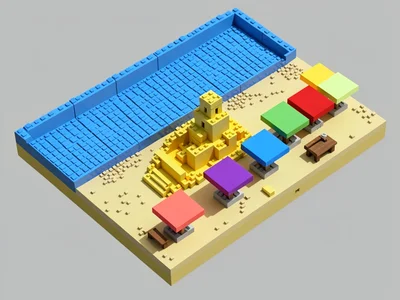 A beach scene with blue-cube waves, a yellow-cube sandcastle, and a row of color