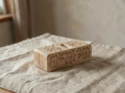 One handcarved wooden butter mold of pale birch with floral pattern resting cent