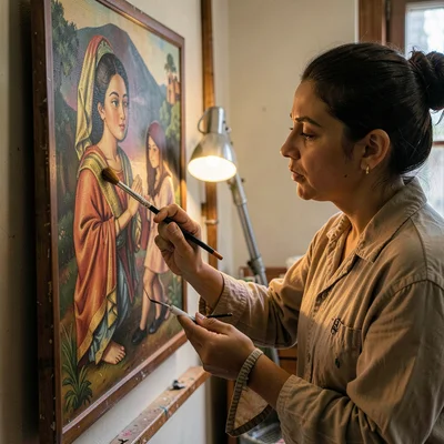 A determined Egyptian art-conservator in her thirties retouching a panel paintin