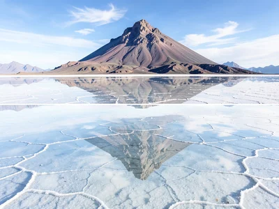 Mountain reflected in salt flat mirror — distant volcano peak doubled in perfect