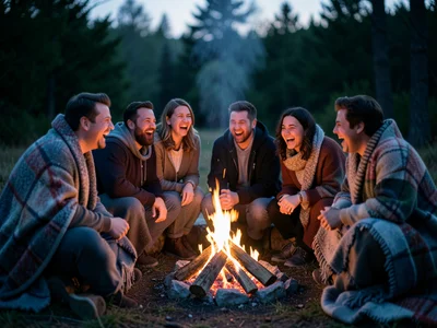 Group of friends laughing around a bonfire at dusk, wrapped in blankets