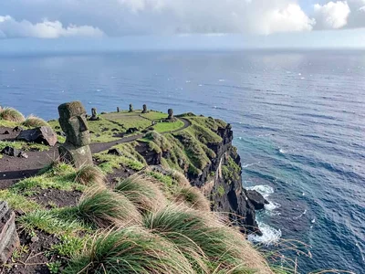 Edge-of-world isolation on Rapa Nui, Wind-bent grass on a cliff edge overlooking