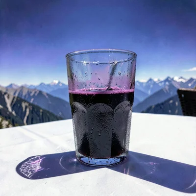 High altitude photograph, thin mountain air, A glass of chicha morada on a table