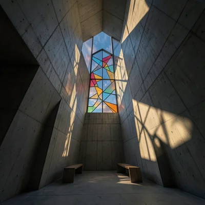 A brutalist church interior, light falling through abstract stained glass onto r