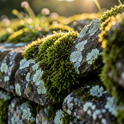 Close-up of moss and lichen growing on an old stone wall, shallow depth of field