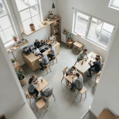 Coffee shop interior from ceiling view, tilt-shift, tiny baristas and customers