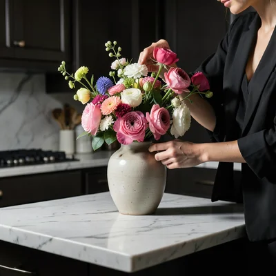 Hands arranging fresh flowers in a ceramic vase on a kitchen island