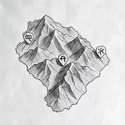 Hand-drawn literary map of a fictional country with hatched mountains and abstra