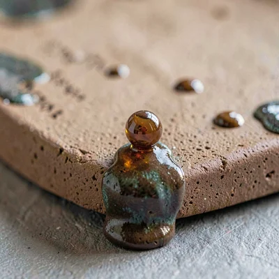 Drip glaze pooling at the foot ring, deep amber bead suspended above bare toaste