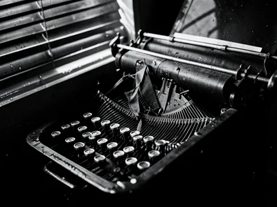 Inside of a typewriter showing the basket of type slugs, tangled ink ribbon