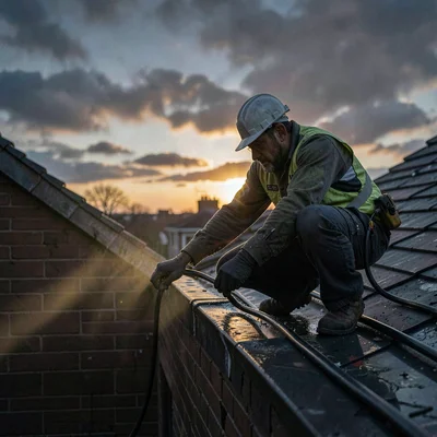 Twilight rooftop scene of an installer routing conduit along the eave, low golde