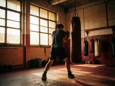 A boxing gym in warm browns and reds, a lone boxer hitting a bag, afternoon ligh