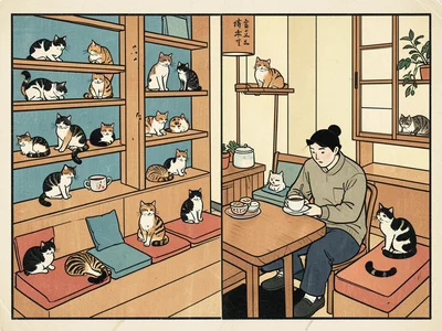 A cat café scene: cats in various poses on shelves and cushions, a patron drinki