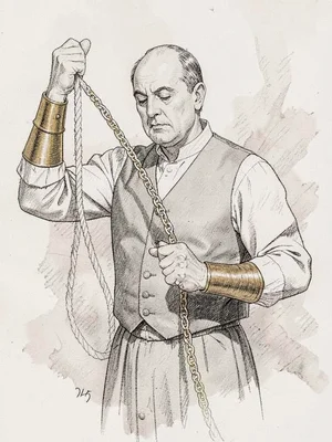 A meditative bell-ringer pulls unseen rope, brass-cuffed sleeves taut, vest-chai