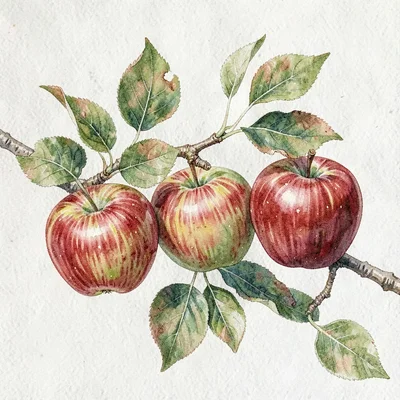 Botanical watercolor of three heirloom apple varieties on a branch, leaves attac